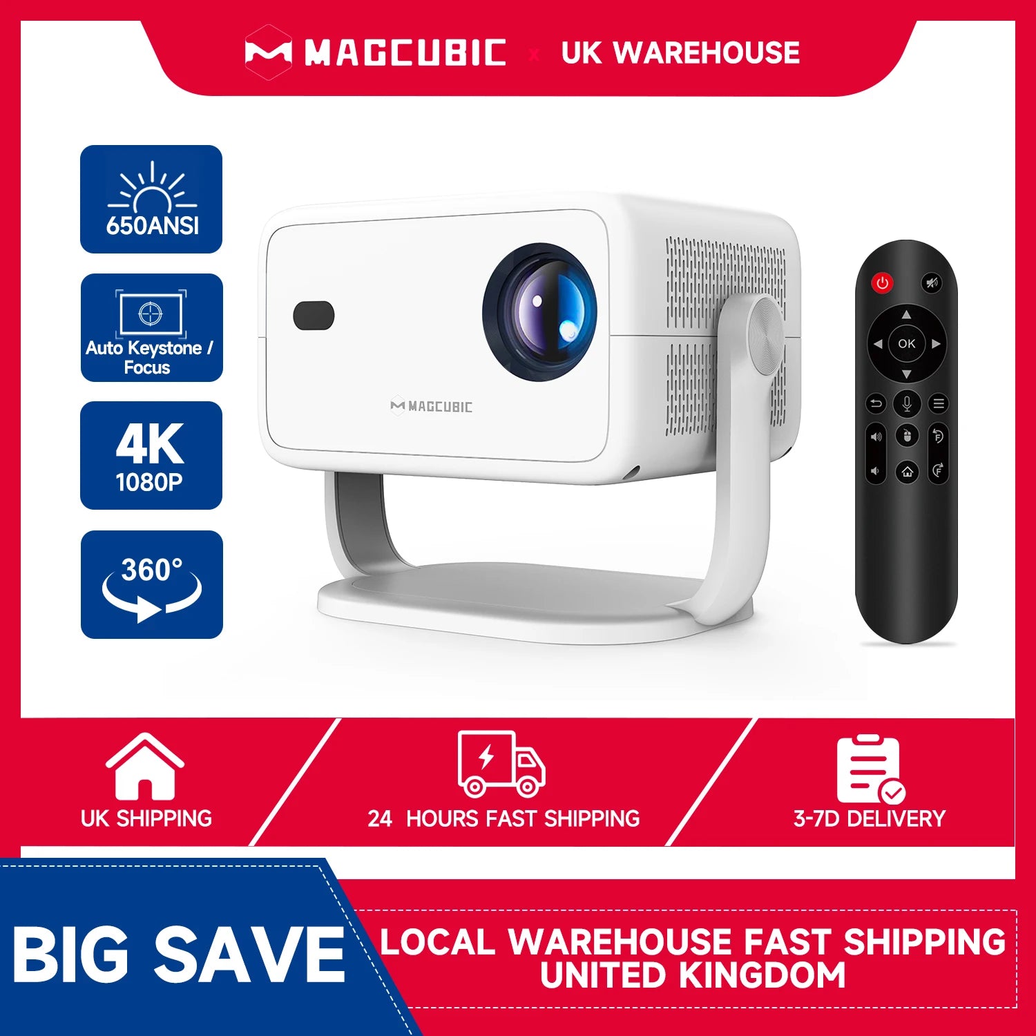 White projector with remote control on a red background, featuring Magcubic branding.