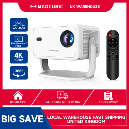 White projector with remote control on a red background, featuring Magcubic branding.