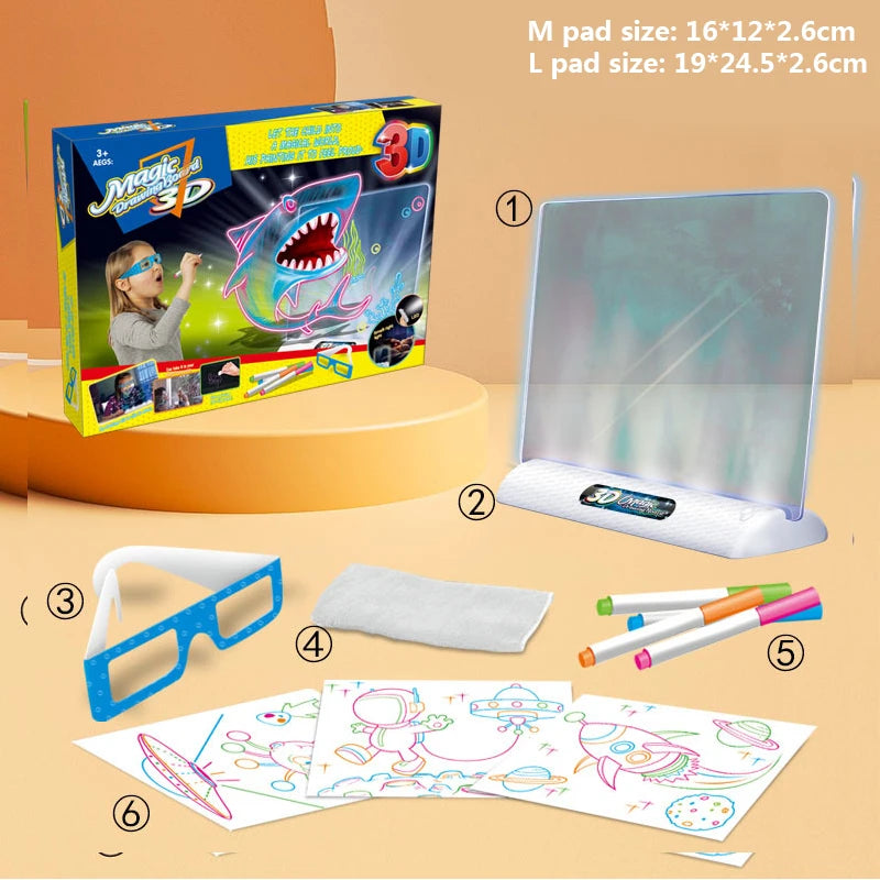 Magic 3D coloring set with packaging, screen, 3D glasses, paper, and markers on a beige background.