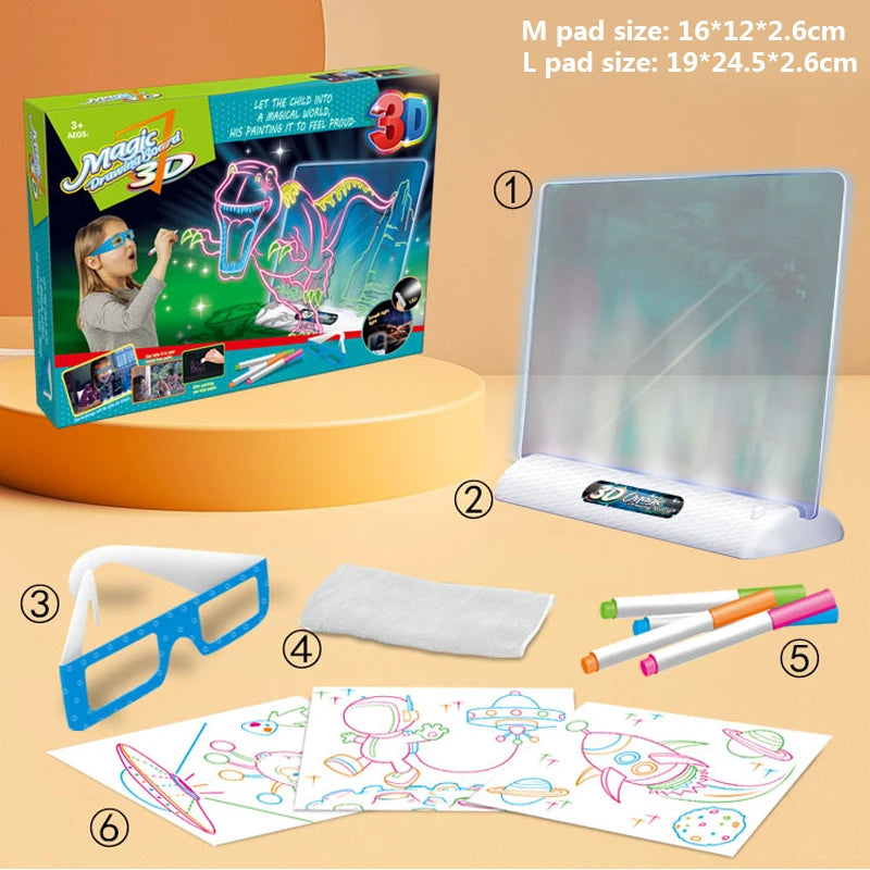 Magic 3D coloring set with packaging, light pad, 3D glasses, cleaning cloth, markers, and coloring sheets on a beige background.