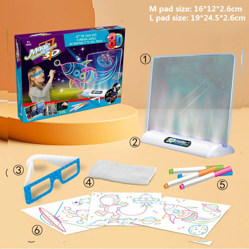 Magic 3D coloring set with packaging, light pad, 3D glasses, paper, and markers on a beige background.
