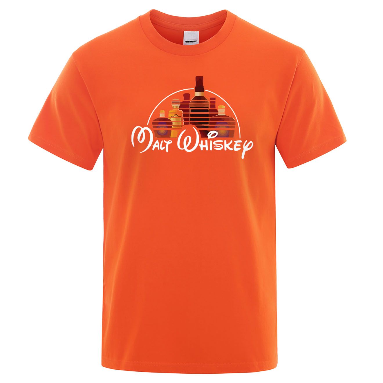 Orange t-shirt with 'Malt Whiskey' graphic design on a white background