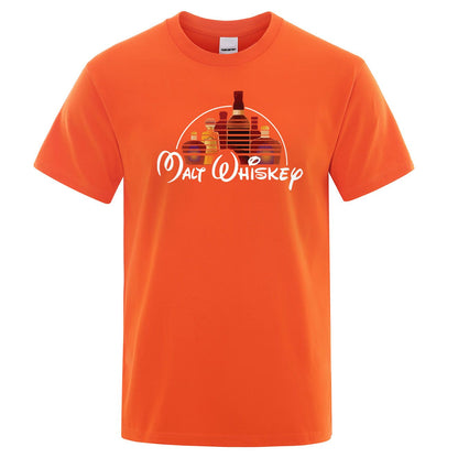 Orange t-shirt with 'Malt Whiskey' graphic design on a white background
