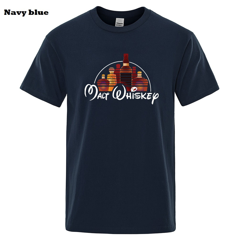 Navy blue t-shirt with 'Mac Whiskey' graphic design on a white background