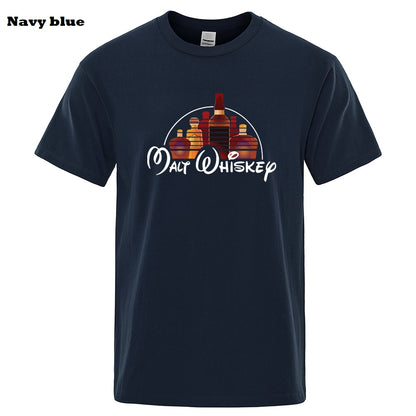 Navy blue t-shirt with 'Mac Whiskey' graphic design on a white background