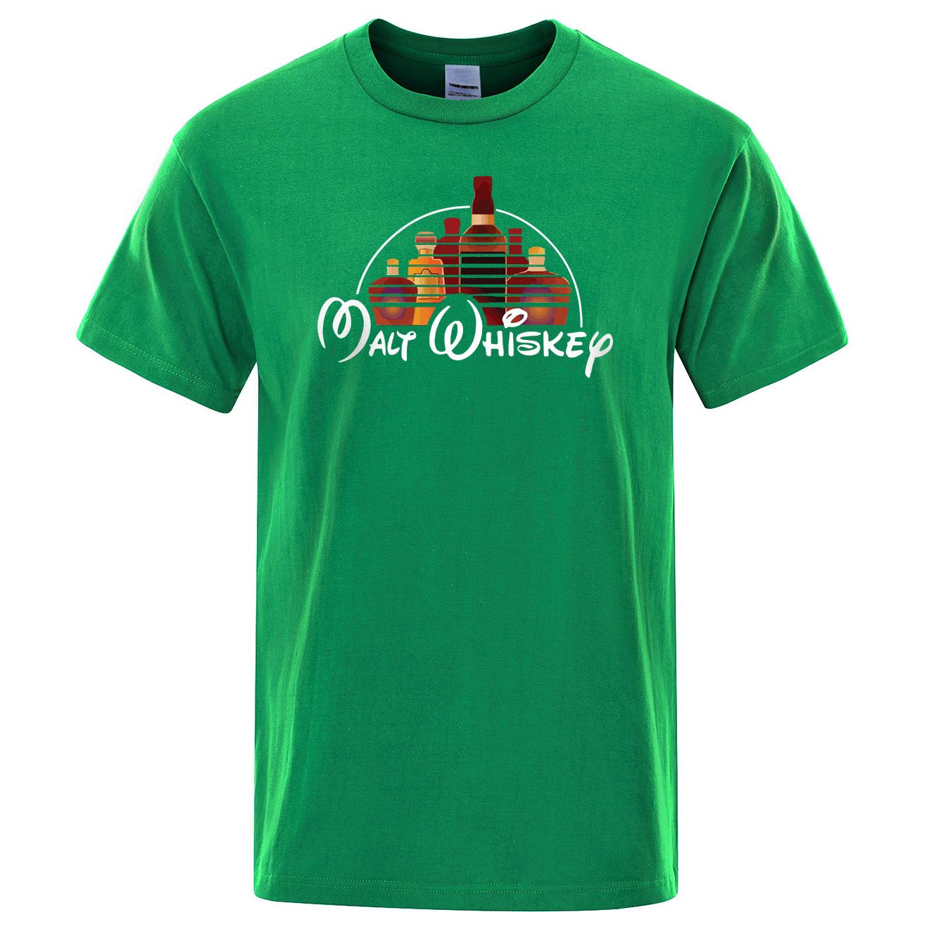 Green t-shirt with 'Malt Whiskey' graphic design on a white background