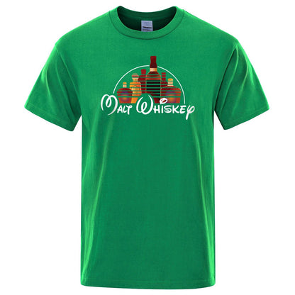 Green t-shirt with 'Malt Whiskey' graphic design on a white background