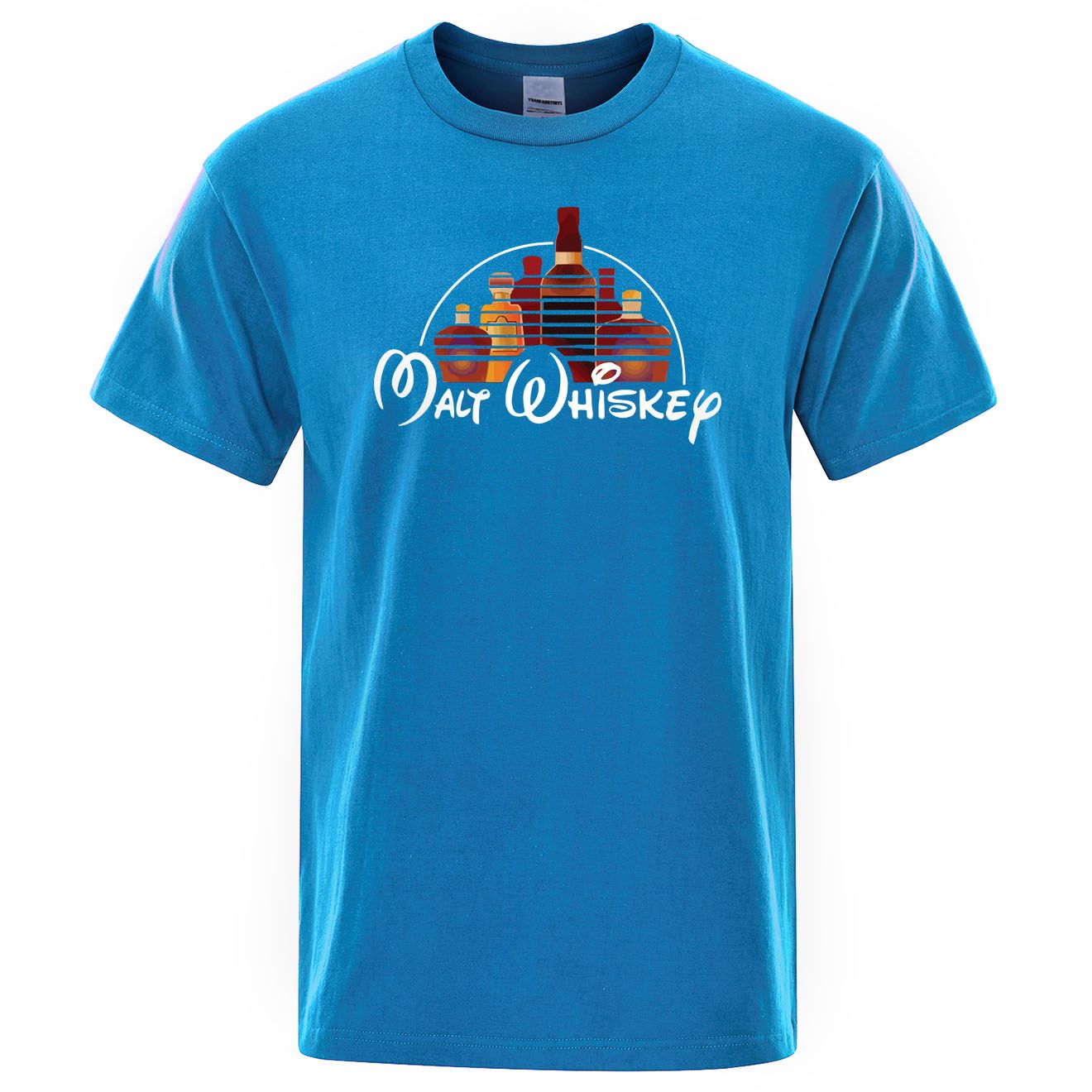 Blue t-shirt with 'Malt Whiskey' graphic design on a white background