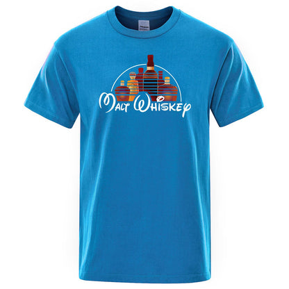 Blue t-shirt with 'Malt Whiskey' graphic design on a white background