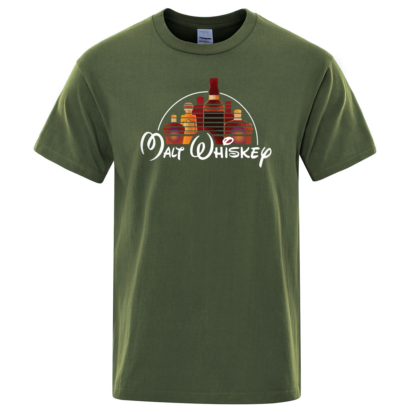 Green t-shirt with 'Malt Whiskey' graphic design on a white background