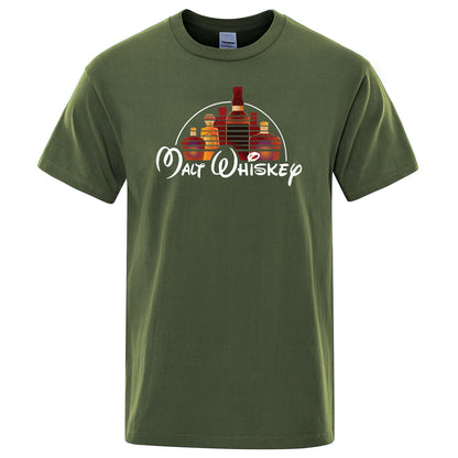Green t-shirt with 'Malt Whiskey' graphic design on a white background