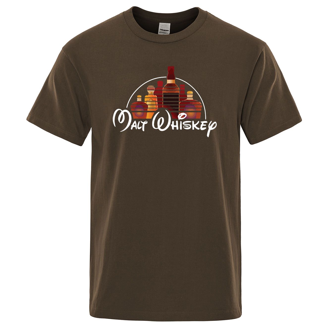 Brown t-shirt with 'Malt Whiskey' graphic design on a white background