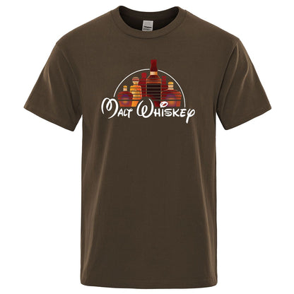 Brown t-shirt with 'Malt Whiskey' graphic design on a white background