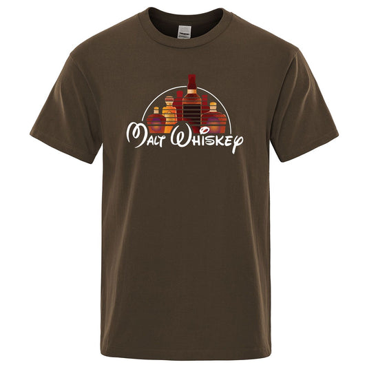 Brown t-shirt with 'Malt Whiskey' graphic design on a white background