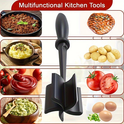 Multifunctional kitchen tool with images of food preparation on a white background