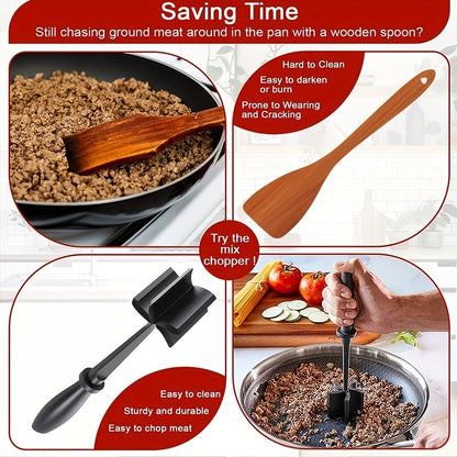 Advertisement for a meat mixer with text and images of a wooden spoon, meat in a pan, and a hand using a metal tool.