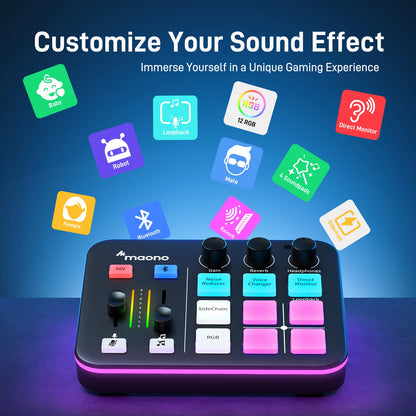 Maono audio mixer with sound effect icons and text on a blue background