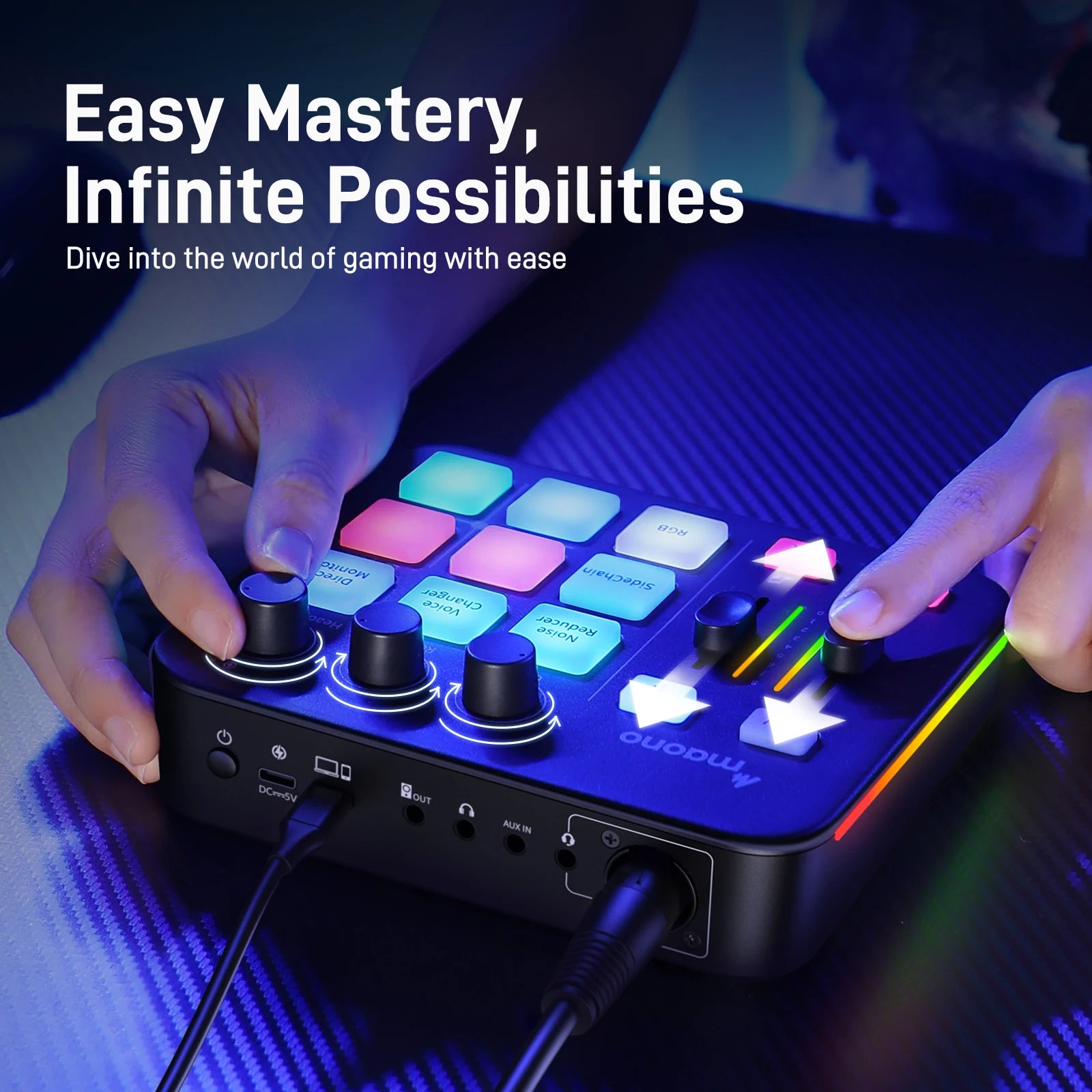 Gaming controller with colorful buttons and LED lights, hands interacting with it, on a dark background.