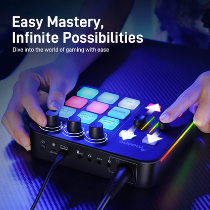 Gaming controller with colorful buttons and LED lights, hands interacting with it, on a dark background.
