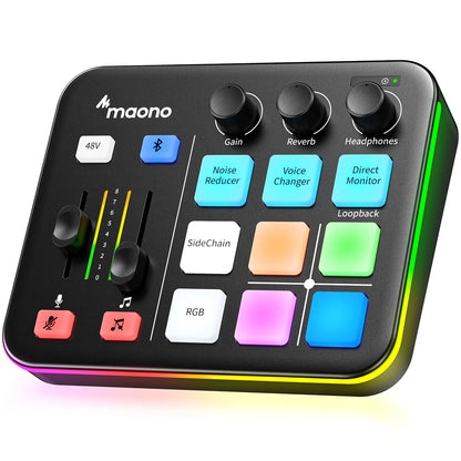 Maono audio control panel with colorful buttons on a white background