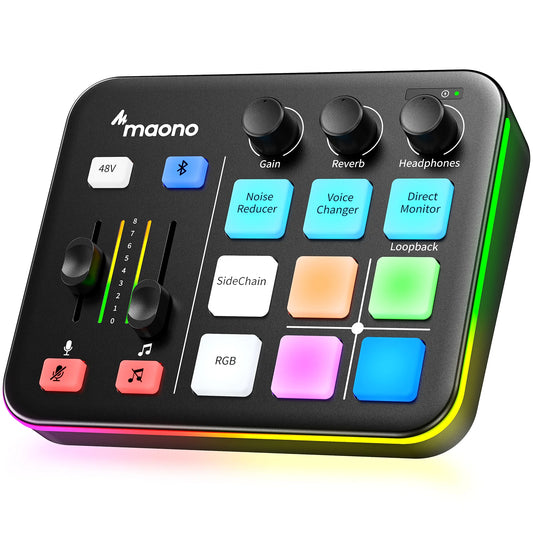 Maono audio control panel with colorful buttons on a white background