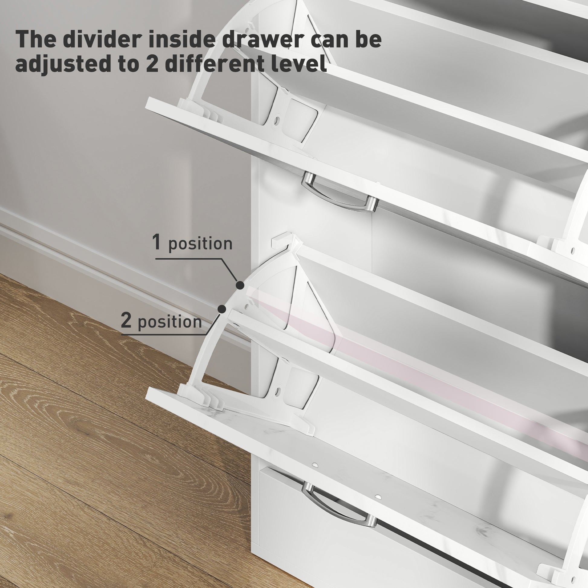 Drawer divider with adjustable positions shown on a wooden floor.