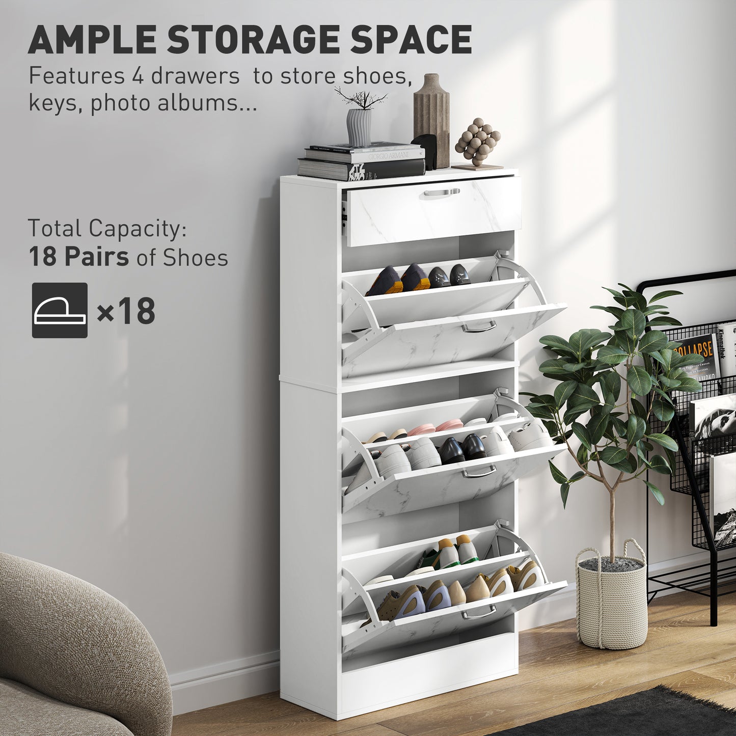 White shoe storage cabinet with multiple drawers in a room setting.