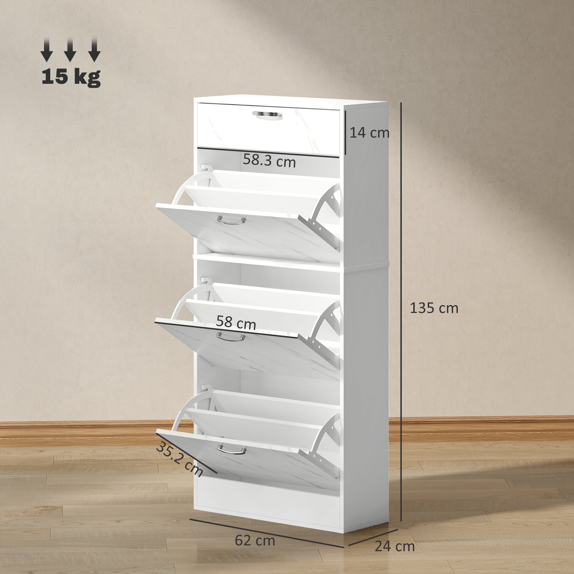 White shoe cabinet with dimensions and weight capacity on a beige floor.
