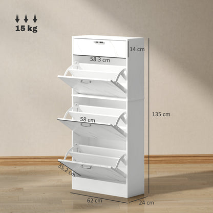 White shoe cabinet with dimensions and weight capacity on a beige floor.