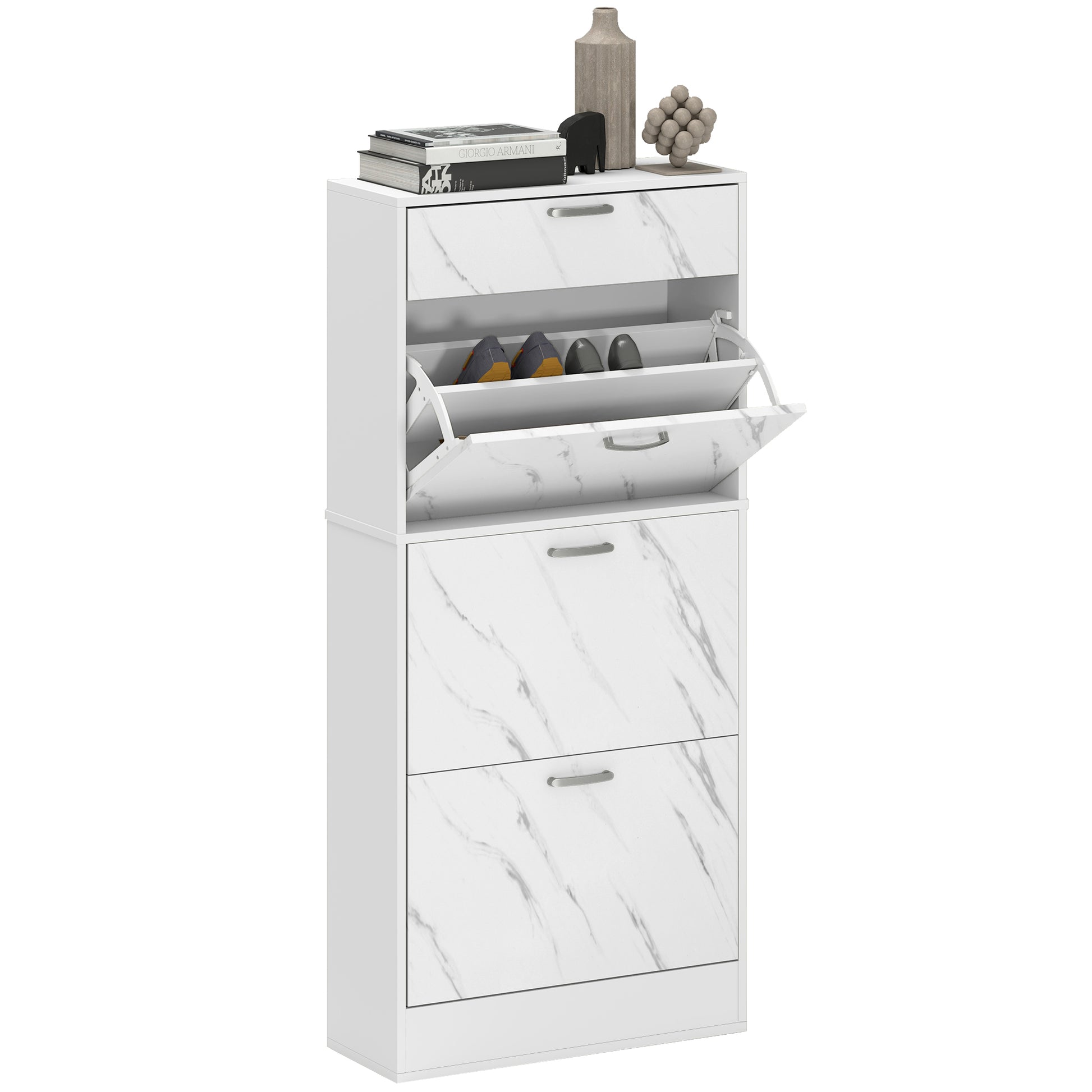 White shoe cabinet with open door showing shoes on a white background