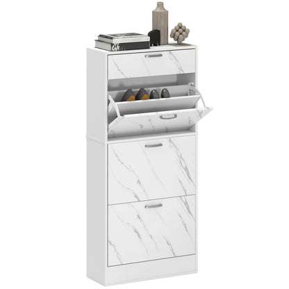 White shoe cabinet with open door showing shoes on a white background