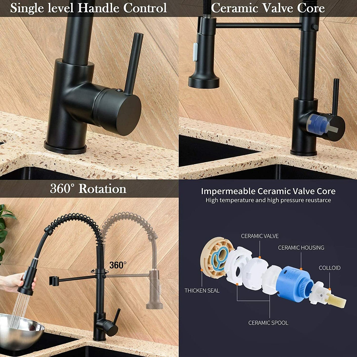 Black kitchen faucet with features highlighted on a wooden background