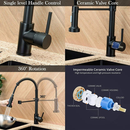 Black kitchen faucet with features highlighted on a wooden background