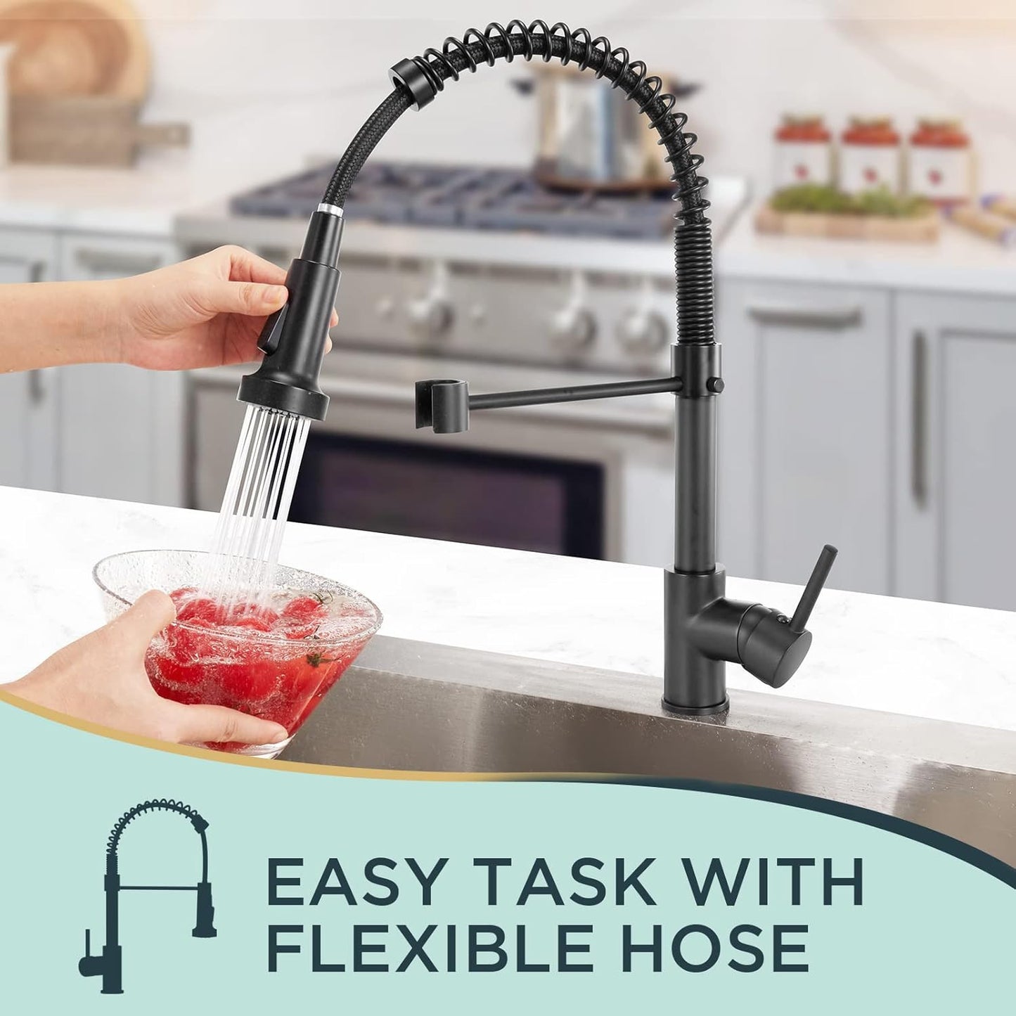 Black kitchen faucet with flexible hose being used to wash dishes in a kitchen setting.
