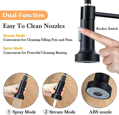 Black kitchen faucet with dual-function nozzles and a hand demonstrating usage on a wooden surface.