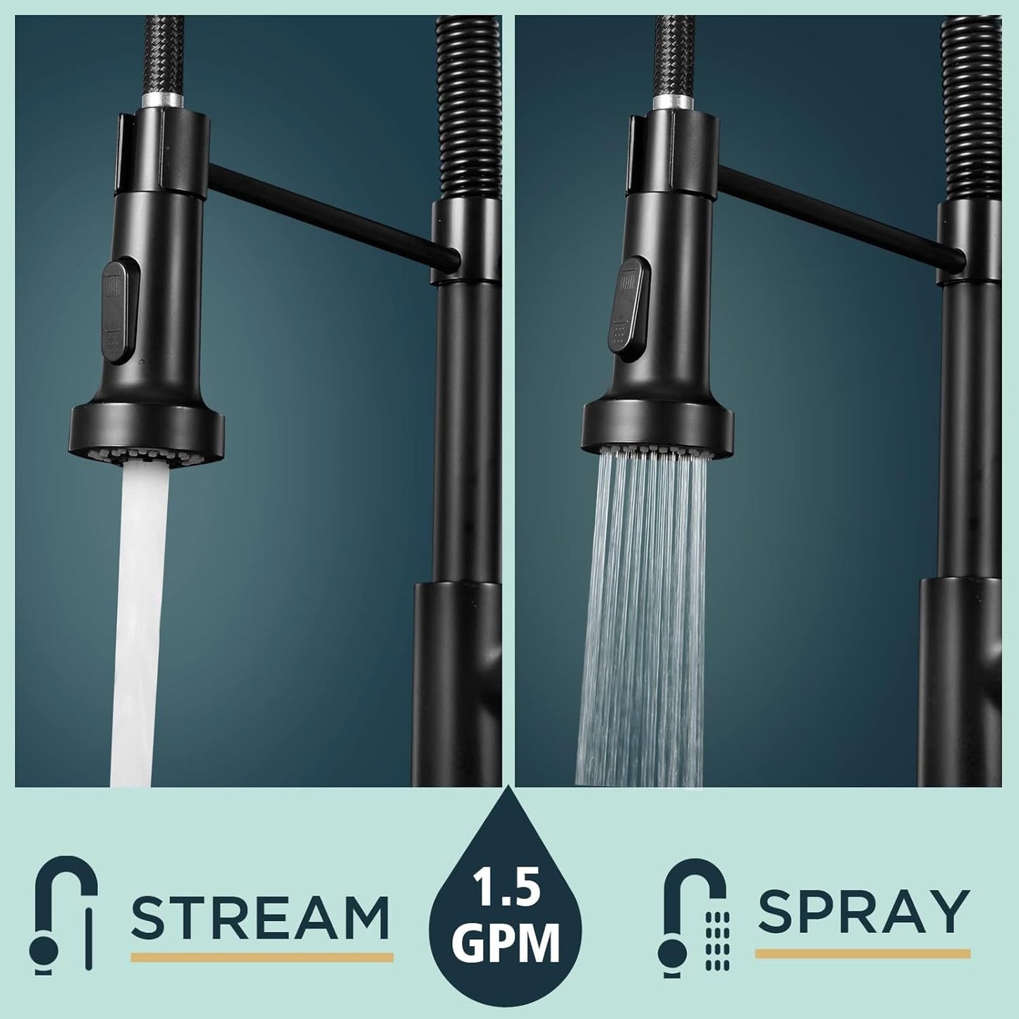 Black shower head with stream and spray settings on a teal background