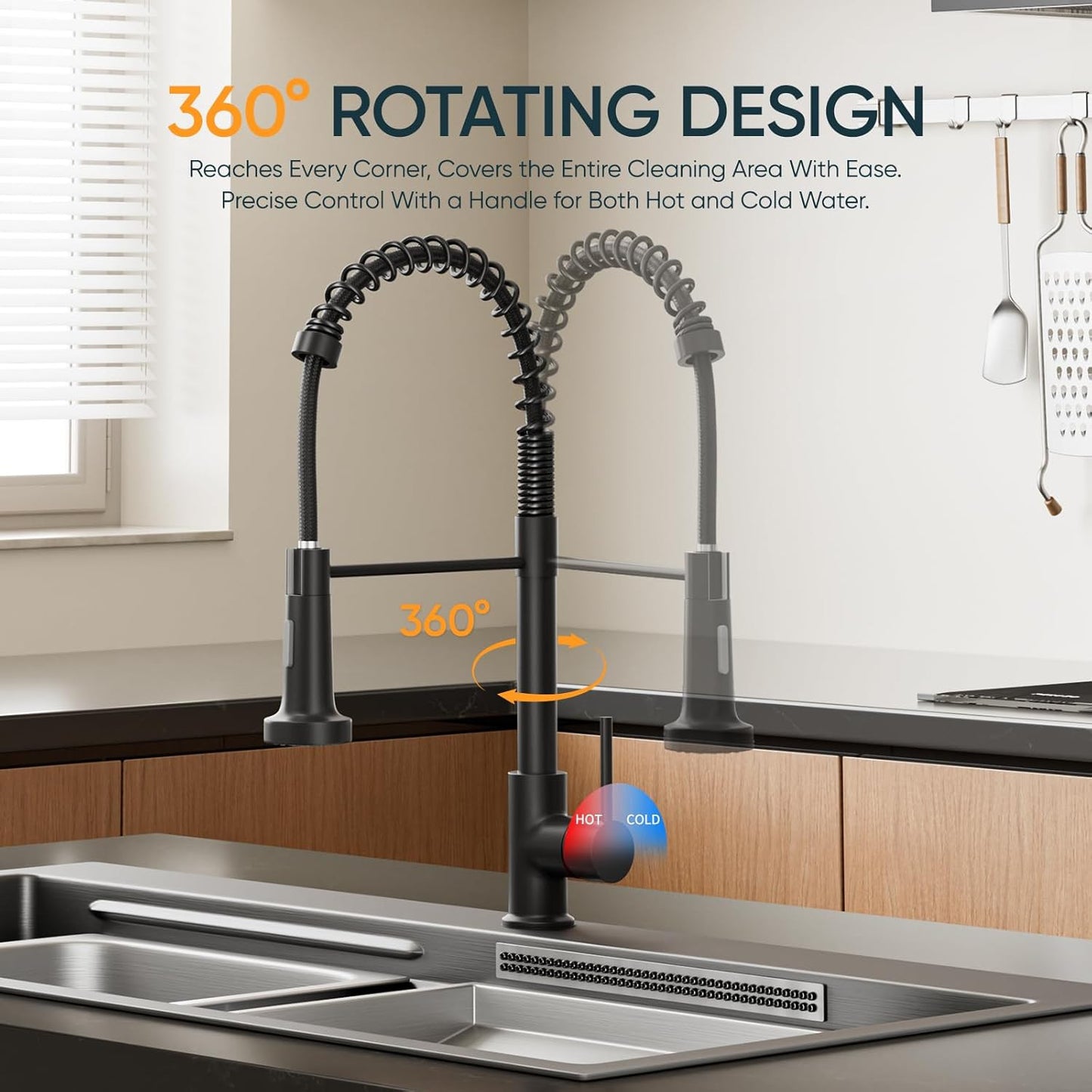 Black kitchen faucet with 360-degree swivel design in a modern kitchen setting.
