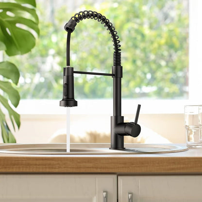 Black kitchen faucet with a modern design in a kitchen setting.