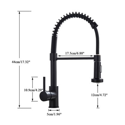 Black kitchen faucet with measurement details on a white background
