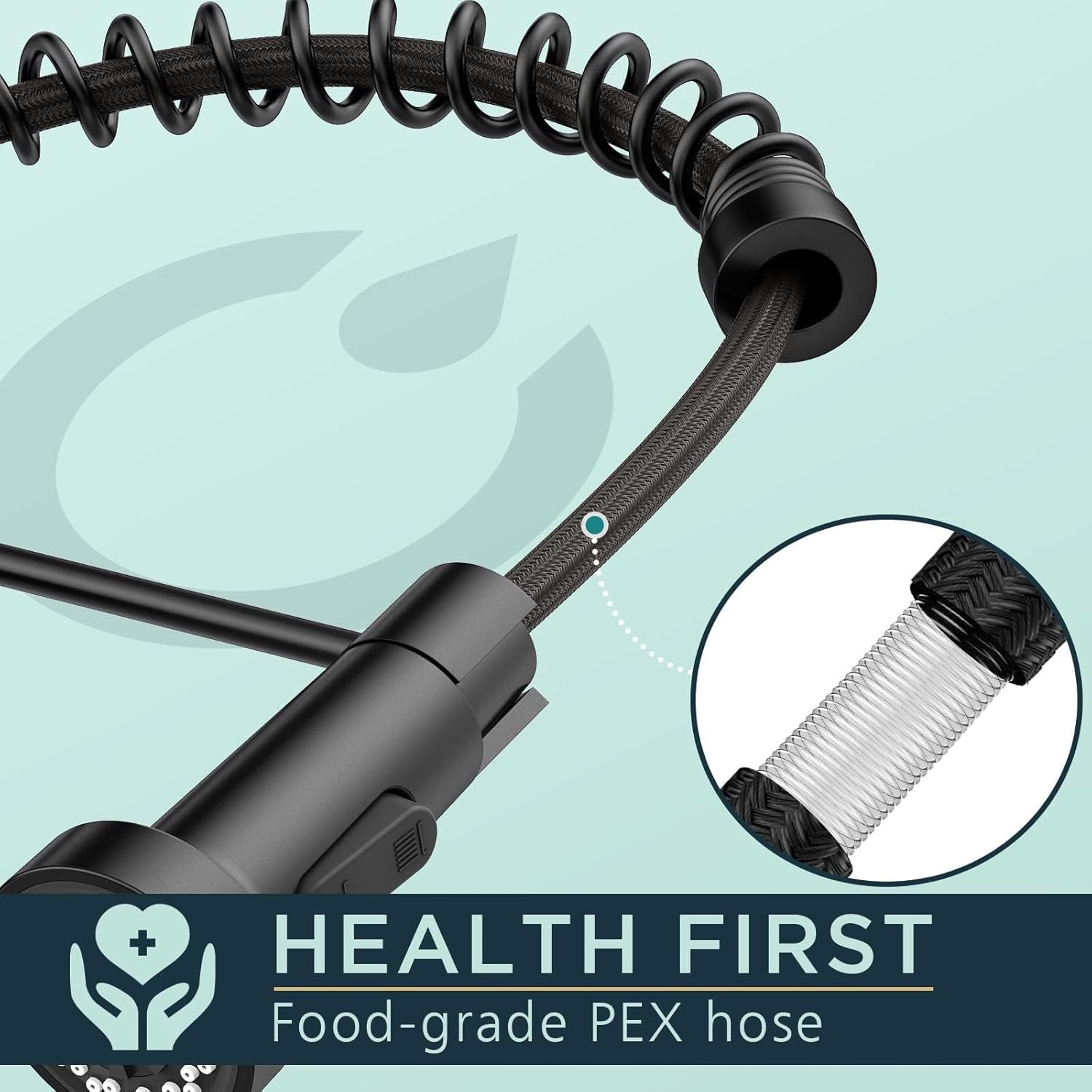 Black coiled hose with a close-up inset, branded 'Health First' on a light blue background.