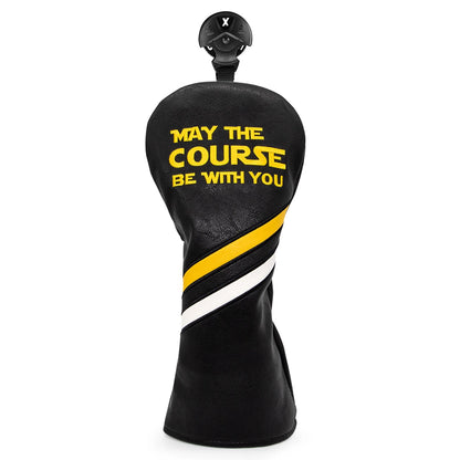 Golf club head cover with 'May the Course Be With You' text on a white background
