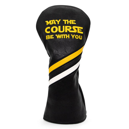 Black golf club head cover with yellow text and stripes on a white background