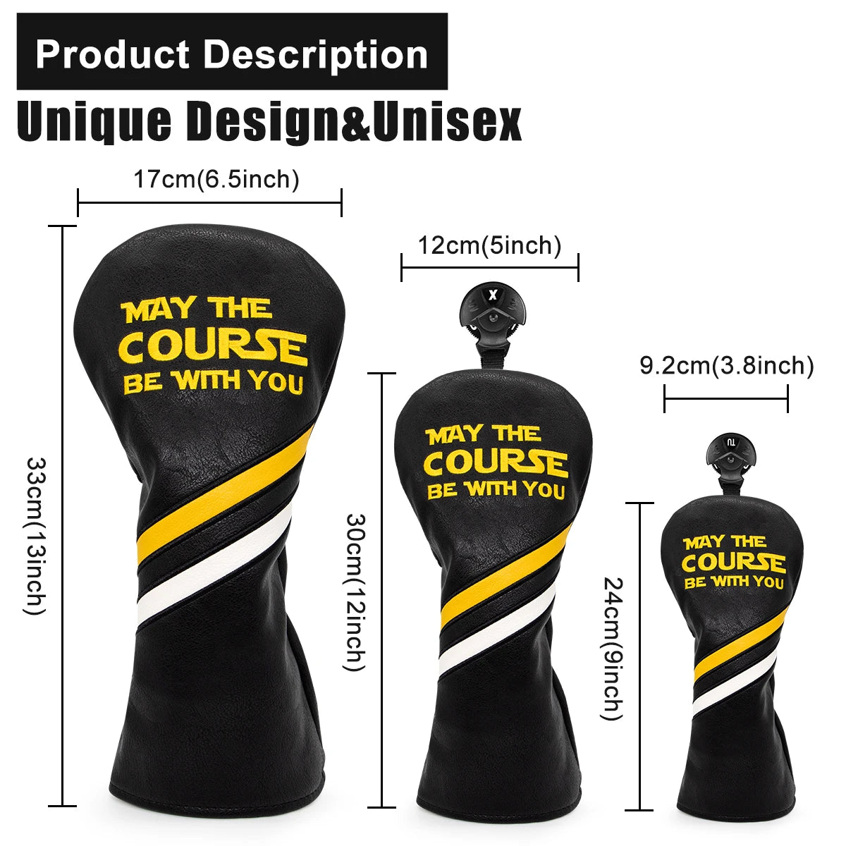 Golf club head covers with 'May the Course Be With You' text and measurements on a white background