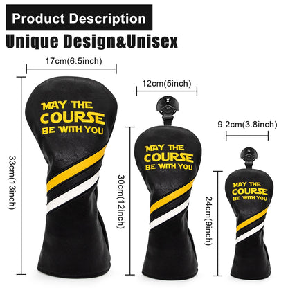 Golf club head covers with 'May the Course Be With You' text and measurements on a white background
