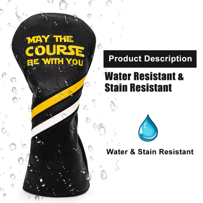 Black golf club head cover with yellow text and water droplets, labeled as water and stain resistant.