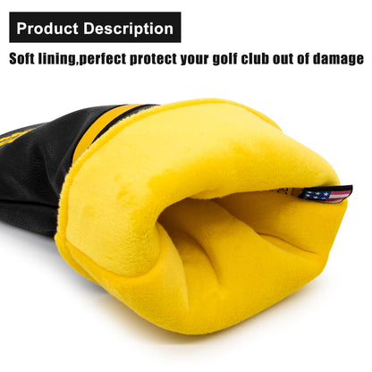 Yellow golf club head cover with black lining on a white background