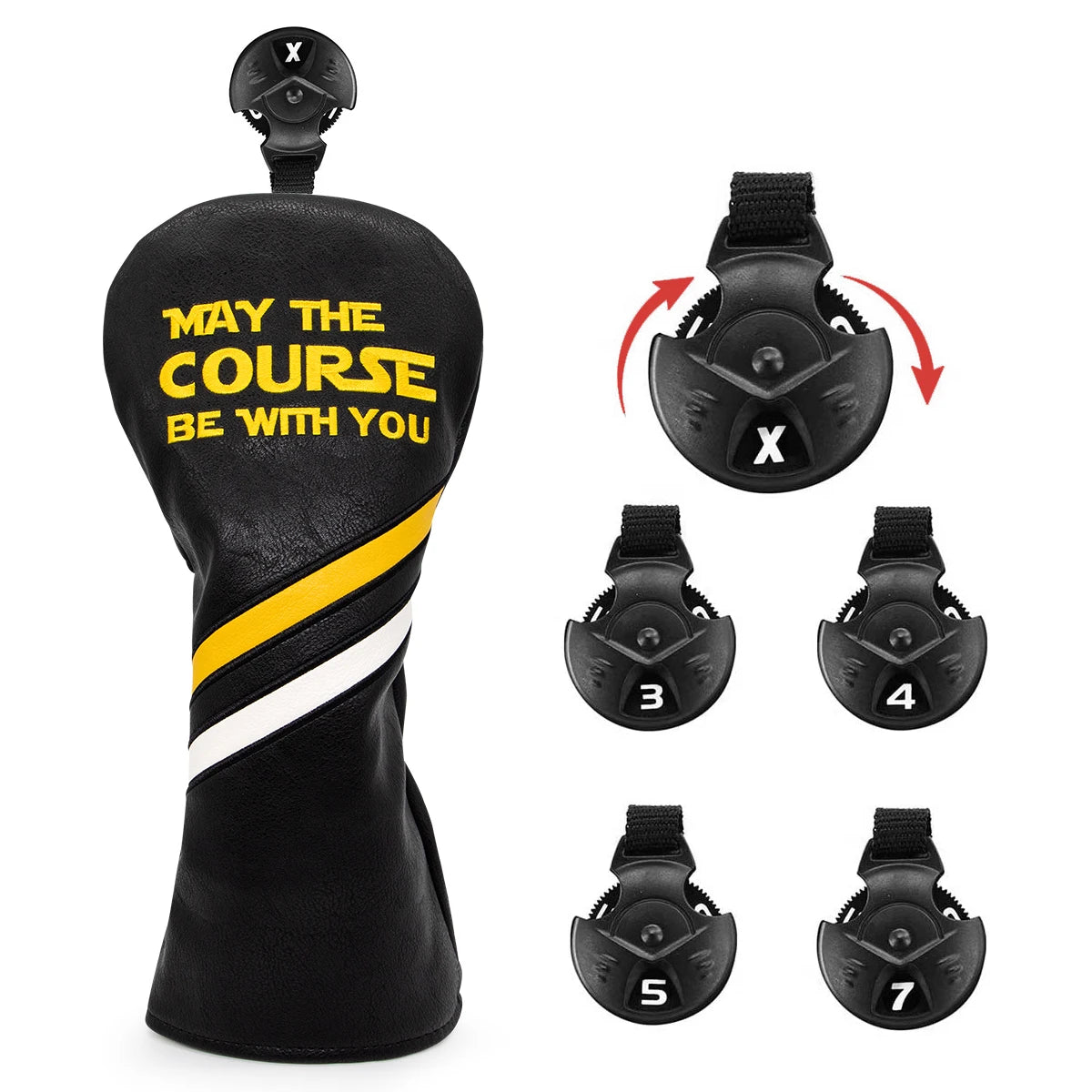 Black golf club head cover with yellow text and additional attachments on a white background