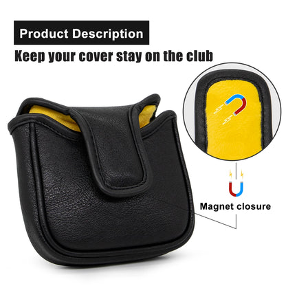 Black golf club cover with yellow interior and magnet closure feature, labeled on a white background.