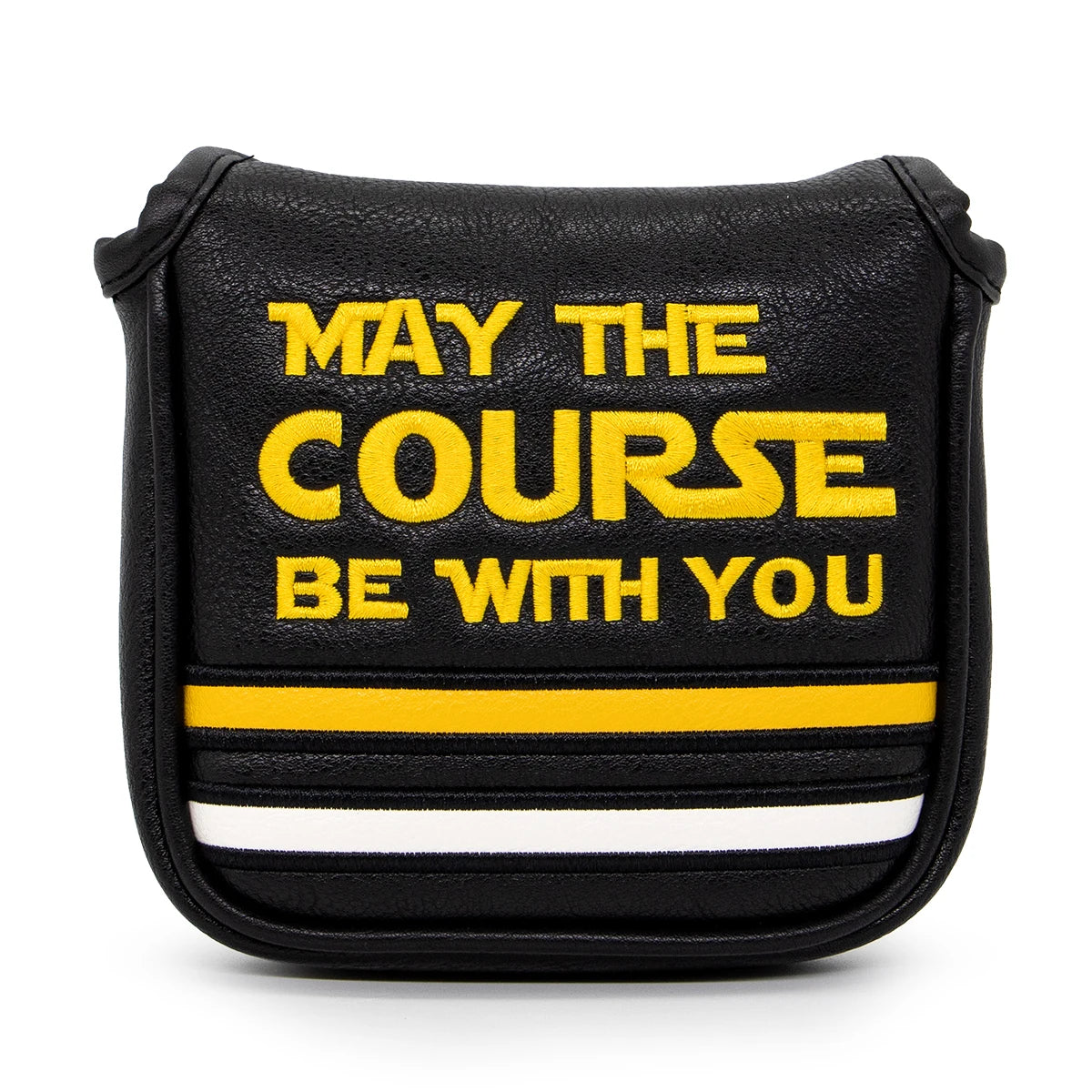 Black bag with yellow text 'May the Course Be With You' on a white background