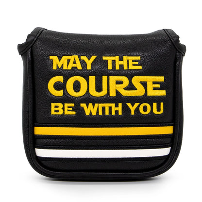Black bag with yellow text 'May the Course Be With You' on a white background